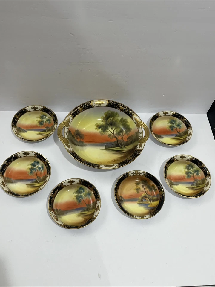 Antique Noritake Japan 1918 Tree In The Meadow Floral 7 Berry, Fruit Bowls Set - Image 4 of 4