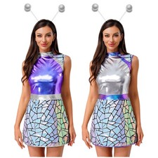 Women Dress Festival Outfits Masquerade Alien Costume Space Cadet With Headwear