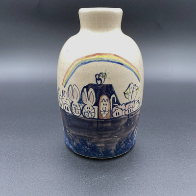 Vintage CMP Signed Hand Painted Pottery Stoneware Vase Noah's Ark Rainbow 6''
