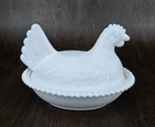 Indiana Glass Vintage White Milk Glass Hen On Nest HON Dish Beaded 7" MCM