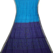 Vintage Blue Sarees 100% Pure Silk Printed Zari Border Sari 6YD Craft Fabric