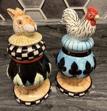 Courtly Check Ceramic Salt  & Pepper Shakers, Bunny Rabbit And Rooster Set!