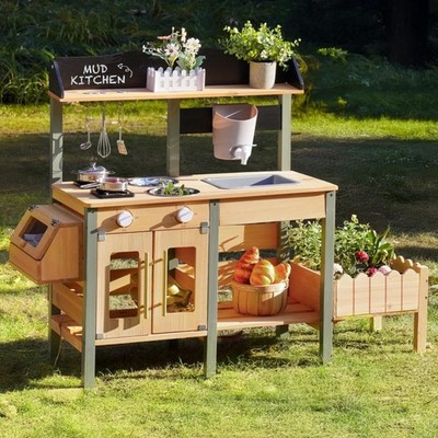Kinder Matschküche Holz, Spielküche mit Echtem Wasserhahn, Pflanzkasten, Inse...