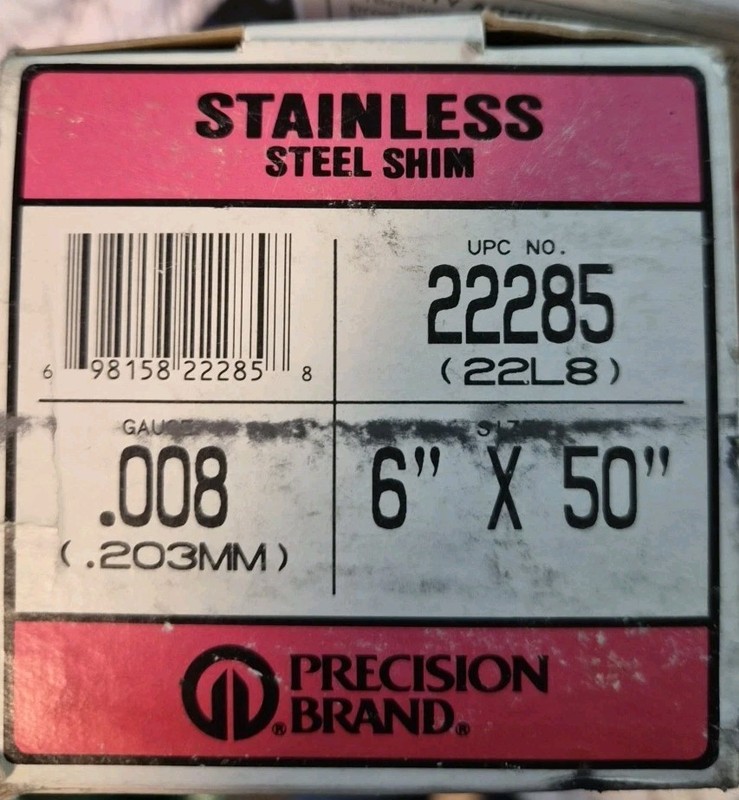 PRECISION BRAND 22285 Shim Stock,6" W,50" L, .008" Thk