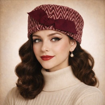 Vintage 60s Dajon Original Mod Majenta Chevron Pill Box Formal HAt OS 