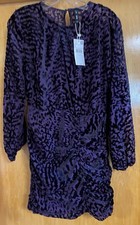 MANGO MNG Womens 6, M, Purple Sheer Velvet Burnout Short Dress, Ruched, New Tags