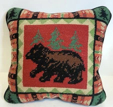 Needlepoint Bear Throw Pillow Rustic Lodge Cabin Decor Southwestern 10.25”