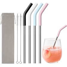 6.7" Short Metal Straw-Reusable Stainless Steel Drink Straws with Silicone Ti...