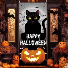 Happy Halloween Door Cover Decorations: Pumkin Black Cat Full Moon Door Banner f