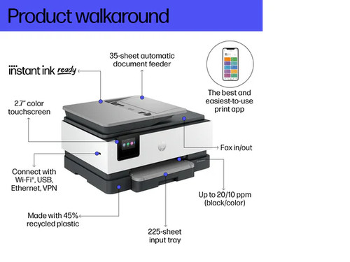 HP OfficeJet Pro 8139e Bezprzewodowa drukarka all-in-one z 1 całorocznym atramentem błyskawicznym - Zdjęcie 10 z 10
