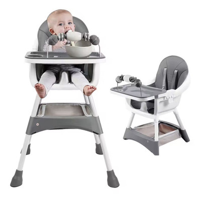 Gray & White Baby High Chair w/ Removable Tray, 5-Point Harness, Toys, Basket
