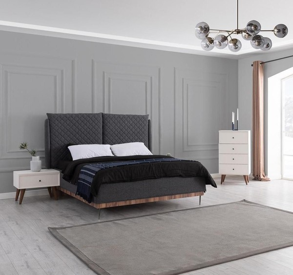 Schlafzimmer Garnitur Schwarzes Doppelbett WeißE 2X Holz Nachttische-image