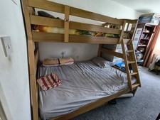 Wooden Bunk Single Over Double Bed Frame with Ladder, Brown, Slats