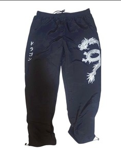 Men's Black Dragon Graphic Jogger Pants XL Drawstring Elastic Waist Embroidered