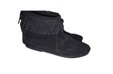Minnetonka Black Suede Moccasin Booties Size 9 Back Zipper Soft Sole Flats