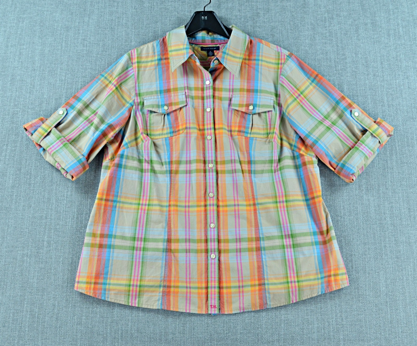 Tommy Hilfiger Shirt Women's 16 Plaid Top Roll Tab Sleeves 3/4 Sleeve Blouse