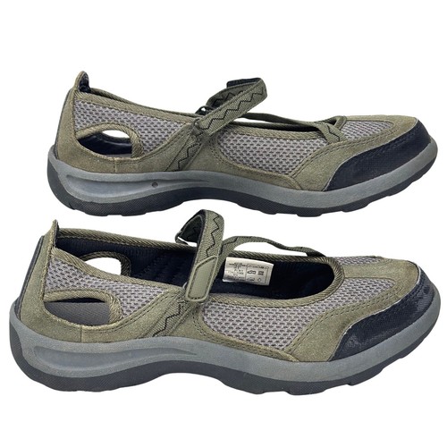 Lands' End Mary Jane Shoe Green Gray Mesh Leather Hiking Walking Water Womens 8D - Picture 3 of 12