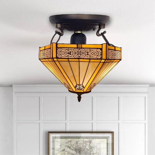 Lámpara de techo Tiffany 16 pulgadas amarillo hexagonal vitral pantalla estilo antiguo Reino Unido - Imagen 5 de 11