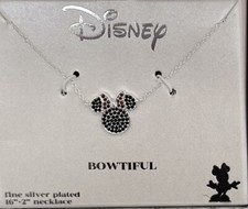 NIB Disney Bowtiful Minnie Mouse Black With Red Bow Fine Silver Plated Necklace