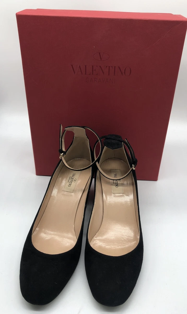 Valentino Garavani Tan Go Ankle Strap Round Toe Black Suede Pump