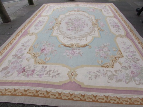 Feine Vintage Hand Made Französisches Design Wolle Aqua Blau Original Aubusson 438X300cm - Bild 2 von 23