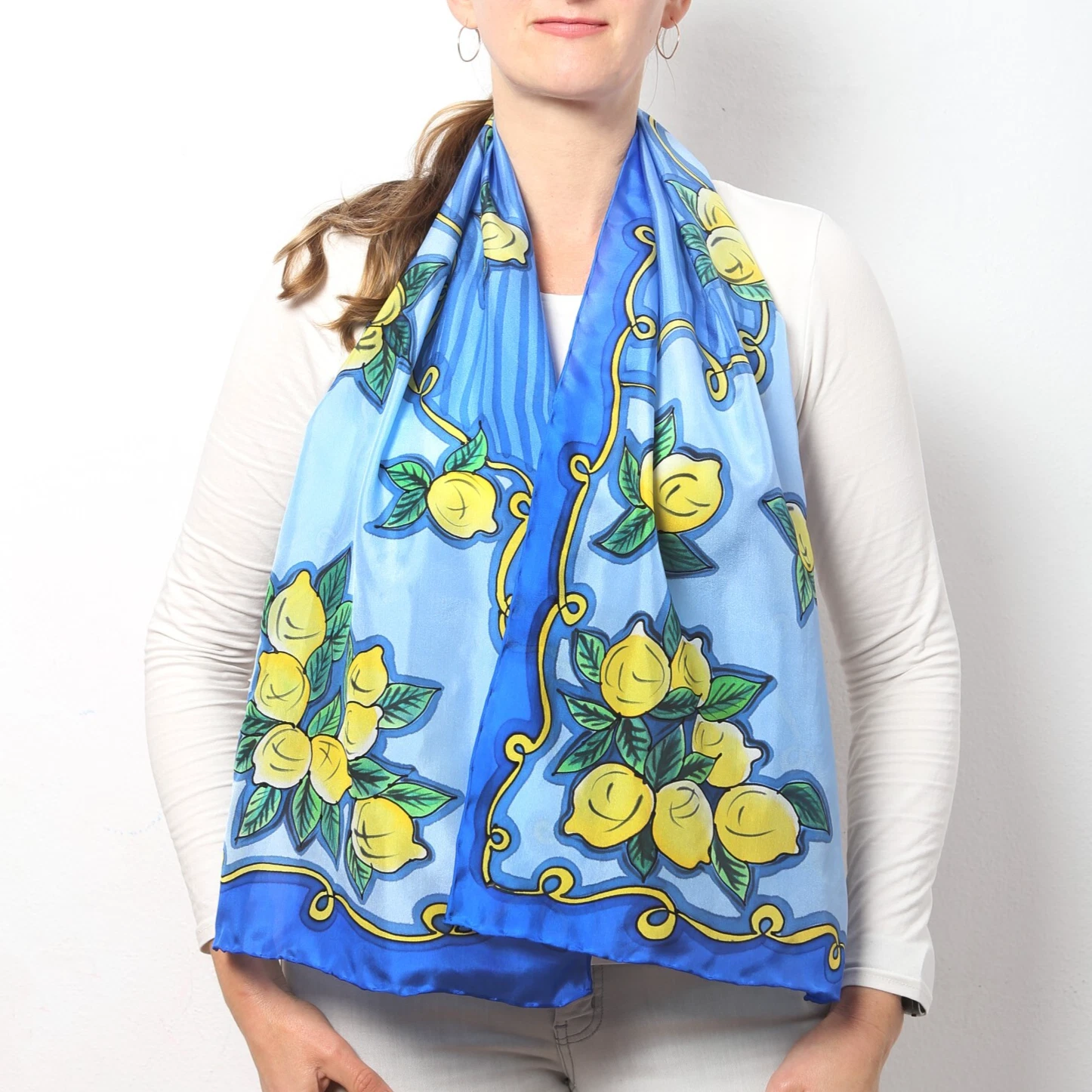 Lemon Hand Painted Blue Silk Scarf Lemon Summer Scarf Positano Gift Wife Gift