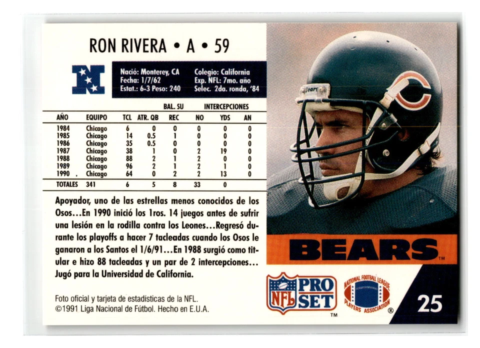 1991 Pro Set Spanish - #25 - Ron Rivera - Chicago Bears - Image 2 of 2