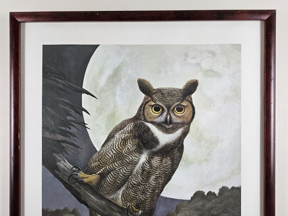 バリ ワヤンシーラ氏版画　AP サイン入りOwl House ART - VTG Signed Ray Harm - Limited Edition Great Horned Owl Print