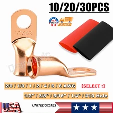 10/30Pcs Bare Copper Battery Lugs 1/0 - 8AWG Cable Ring Terminal Wire Connectors