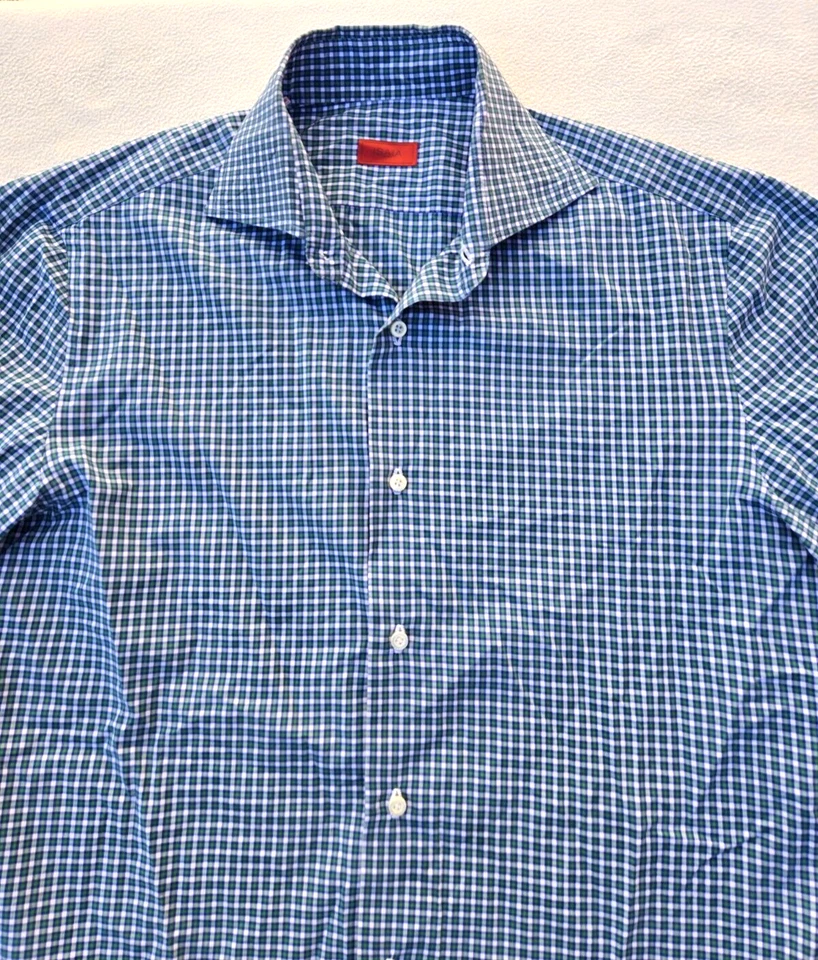 ISAIA Men's Long Sleeve Button Up Dress Shirt Green/Blue Plaid Sz 15 1/2/39 EUC - Image 3 of 4
