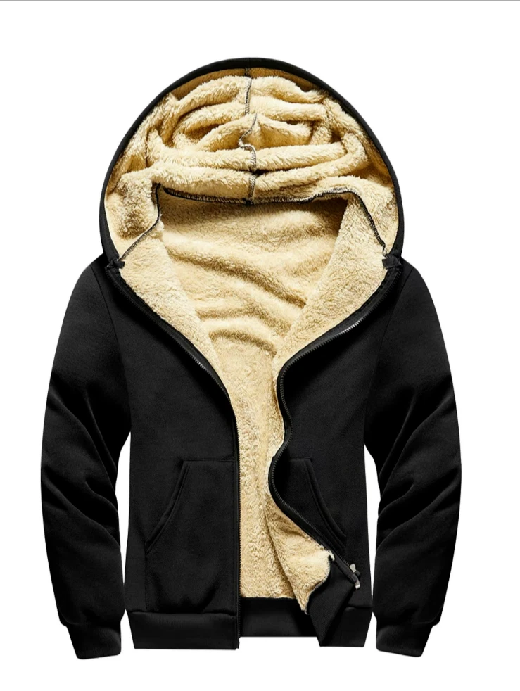 Men's Thermal Lined Zip Up Drawstring Hoodie, Long Sleeve Pocket Thickened Coat