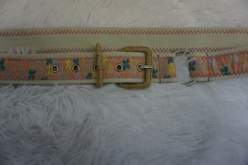 Vintage 80s Floral Cotton Jute Adjustable Belt Natural Pink Turquoise Yellow 62" - Picture 2 of 6