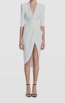 knee length dresses for ladies Jezebel White Lace Plunge-Neck Collared Midi Dress – Club L London main image 1