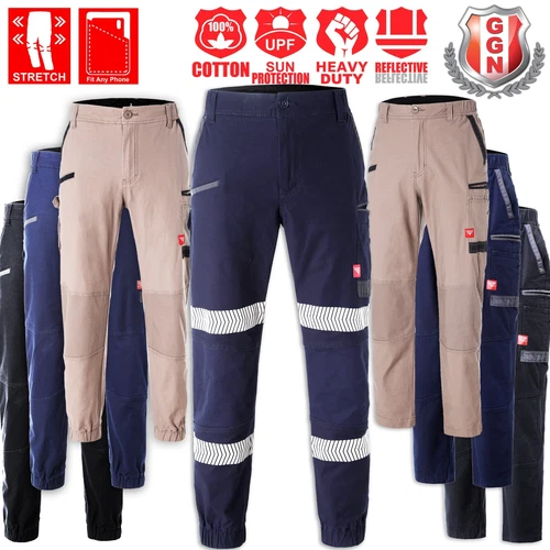 Work Pants Stretch Cotton, Cargo Trousers Tradie Cuff or Hem, Reflective Tape