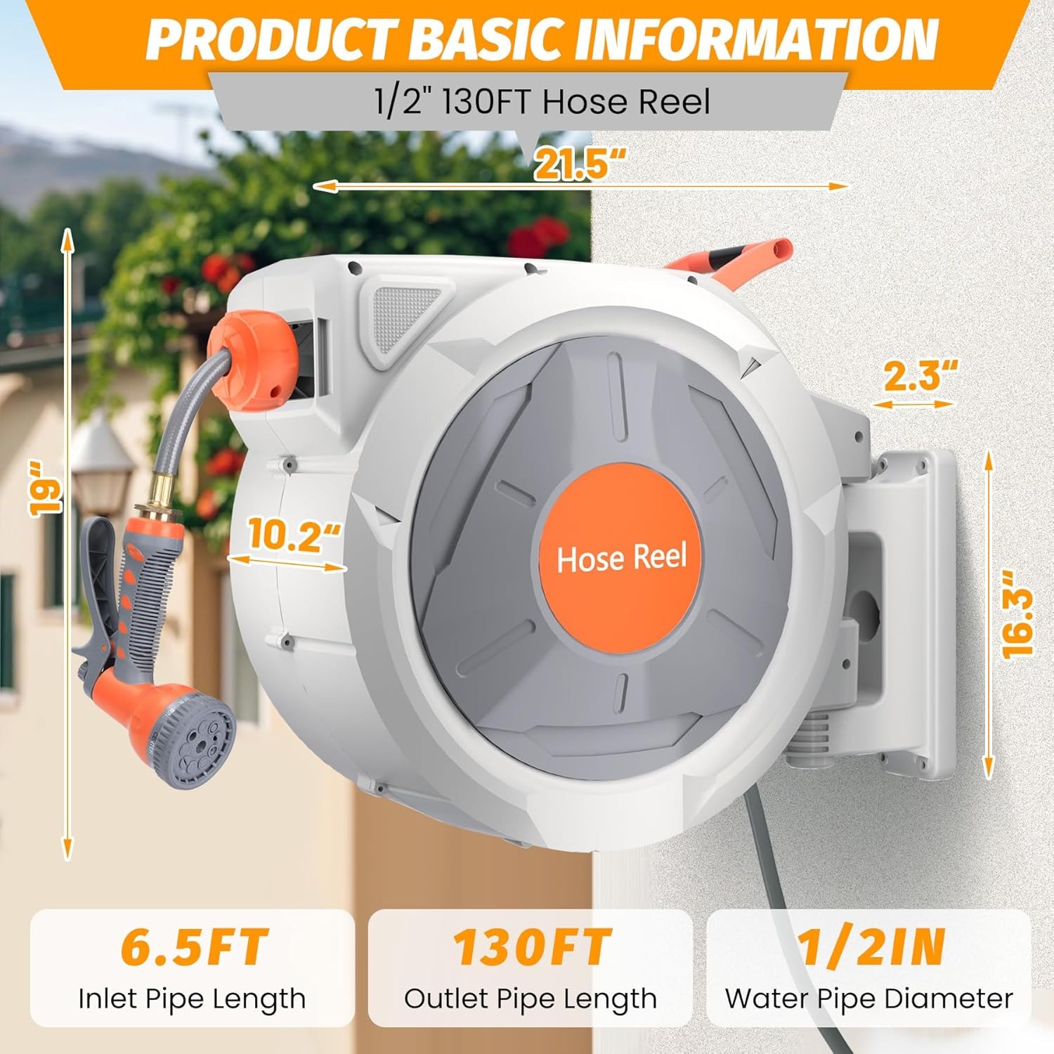 Retractable Garden Water Hose Reel Wall Mounted-5/8" x 65/100 ft/1/2" x 130 ft