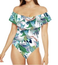 La Blanca In The Moment White Floral One Piece Swimsuit Tummy Control Sz 10