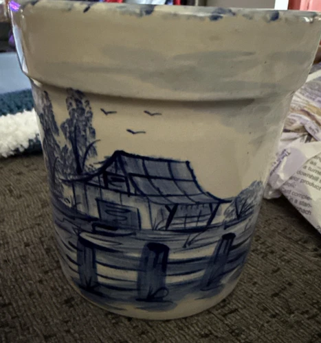 Crock Cobalt Blue Stoneware Barn Countryside Scene. EUC