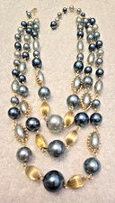 Vintage Mid-Century Japan Pearly Blue Three Strand Choker, Necklace