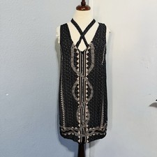 Free People Bohemian Black Cream Patterned Comb Bubble Diamond Snake Dress Sz S