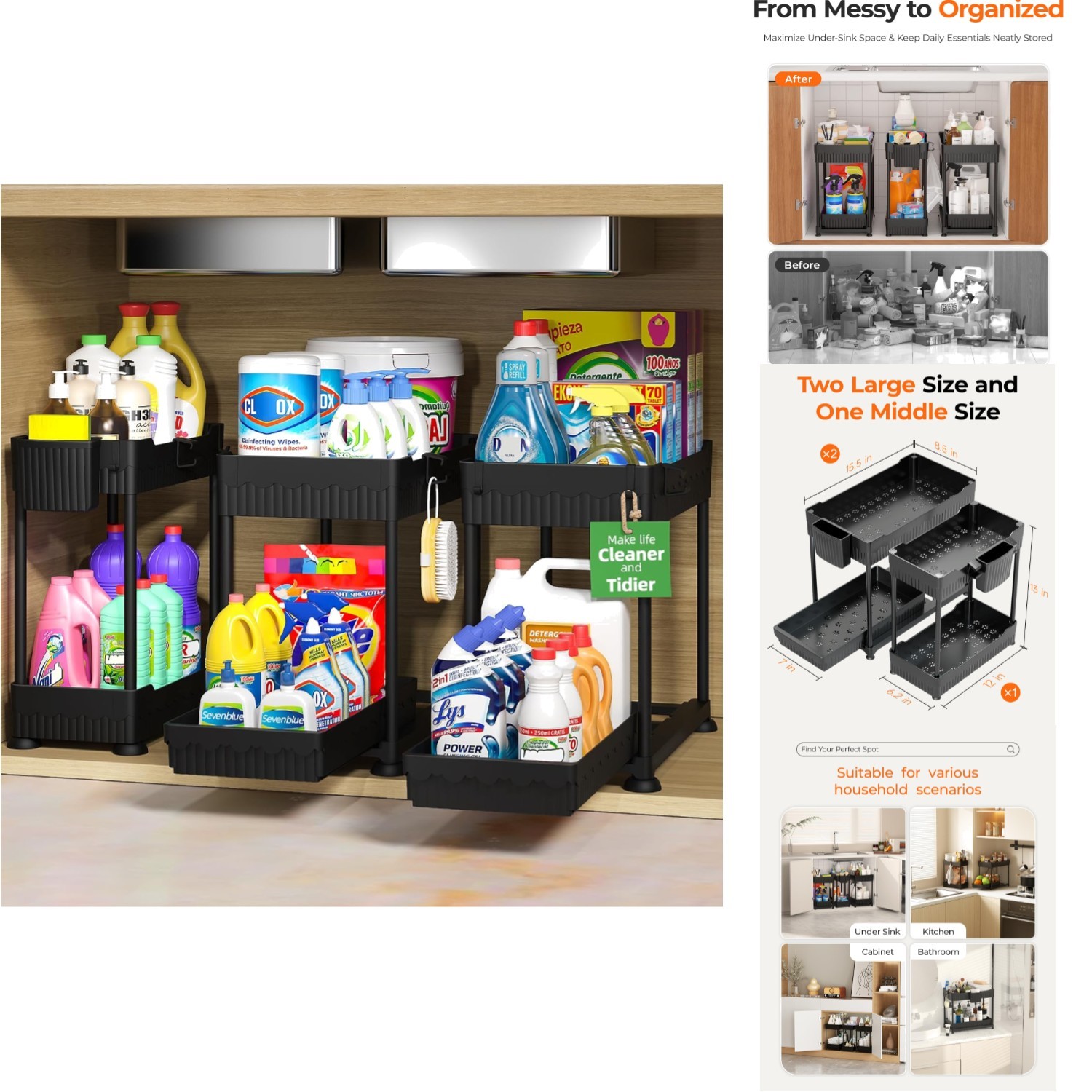 3-Pack 12.8 Inch Under Sink Organizers with Sliding Drawers - Multi-Use Storage