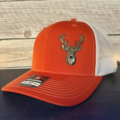 Buck Deer Hunting Hat, Richardson 112 Orange White Mesh Snapback Trucker Cap