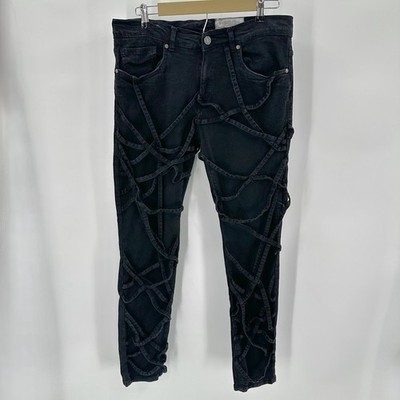 FWRD Denim Jeans Mens 34Wx32L Fit 1 SLIM Strappy Black Distressed Punk Goth