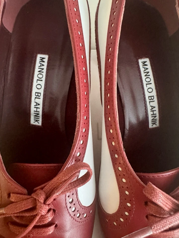 Nuevo en caja Zapatos Manolo Blahnik Bolu Rojo y Blanco Con Cordones 60mm Bloque Tacones Bombas 7 (37) Foto 3 de 4