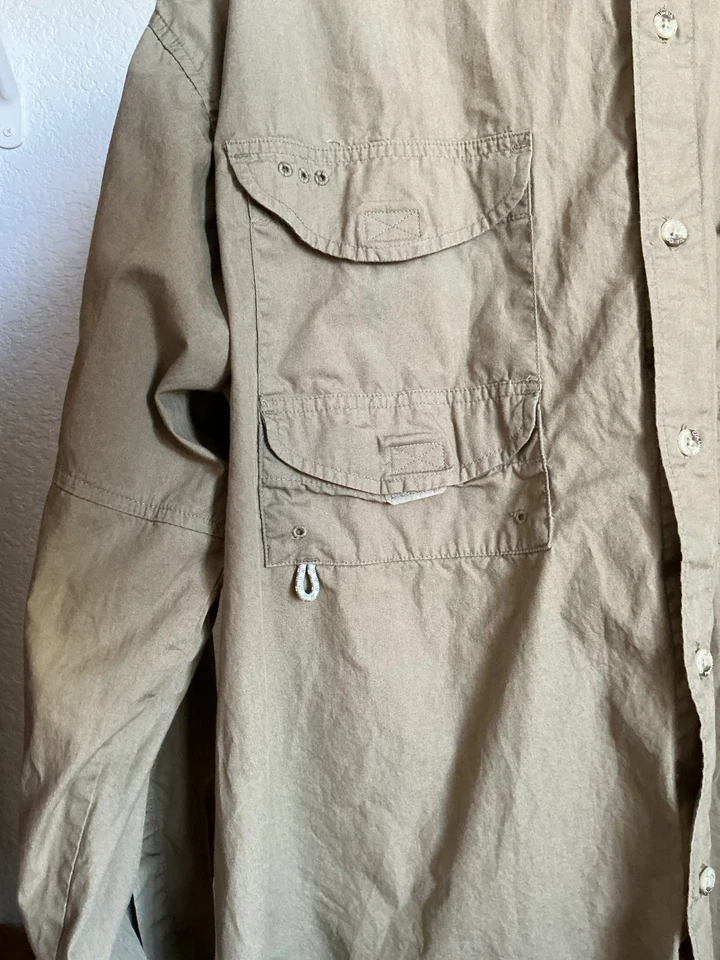 Columbia PFG Hombres Talla L Camisa Ventilada Mangas con Pestaña Enrollable 100% Algodón Caqui Tostado Foto 4 de 4