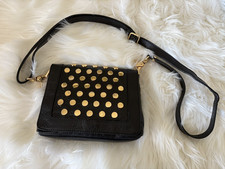 TORY BURCH Black Leather Shoulder Bag Gold Studs and Hardware Mirror Charm
