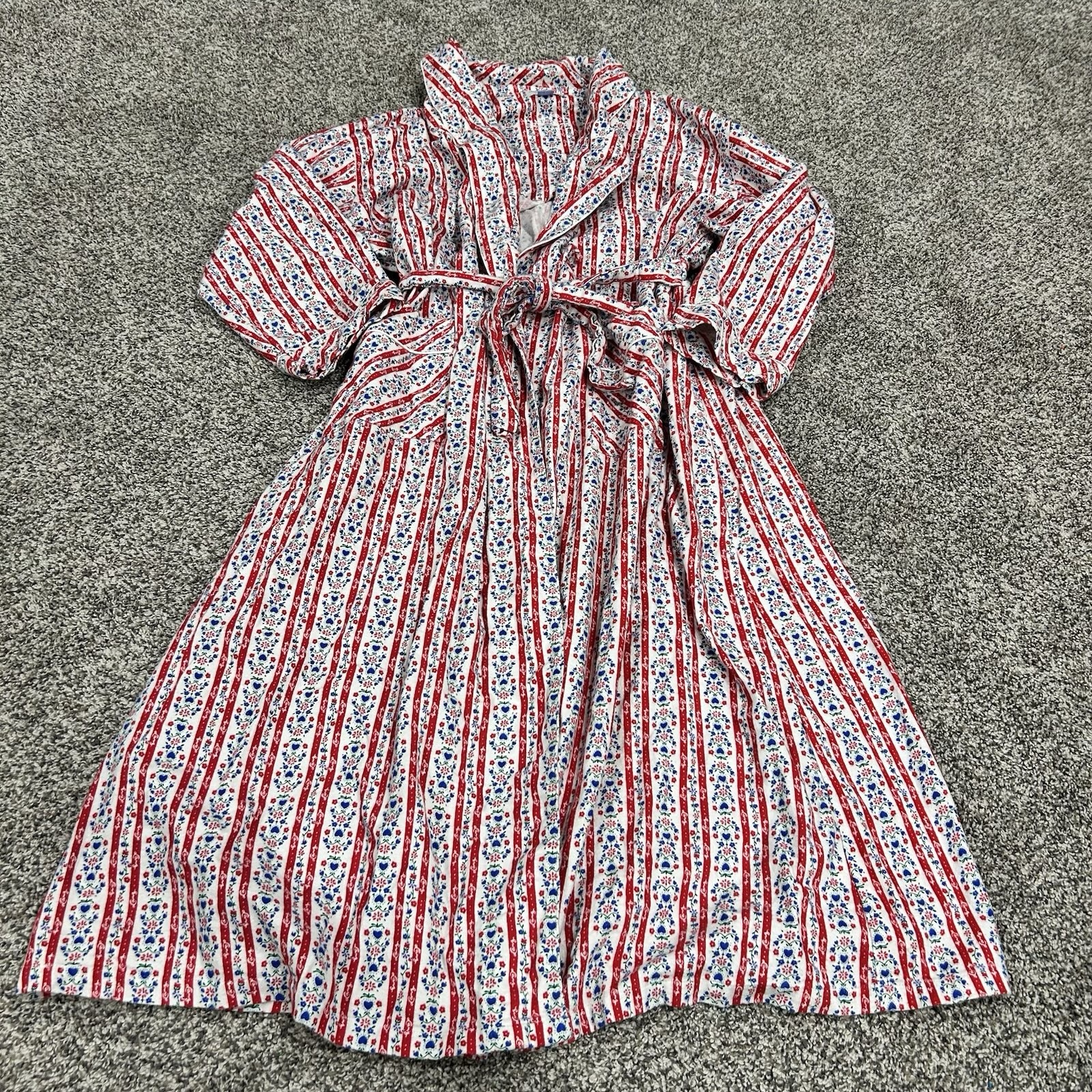 Vtg LANZ OF SALZBURG Robe Women's Red White Floral Sz M 100% Cotton Cottagecore