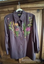 Bob Mackie Brown Floral Embroidered Collared Button-Up Blouse Long Sleeve M