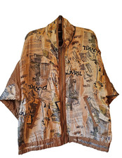 Vintage 90s Silk Bomber Jacket Abstract Print Brown Zip Streetwear Size L