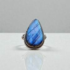 Blue Fire Labradorite Ring, Pear Stone Ring, Designer Ring, 925 Sterling Silver