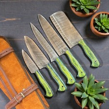 Chef Set 5 Pcs  Damascus Steel  Pakka Wood  Leather Sheath  D1145